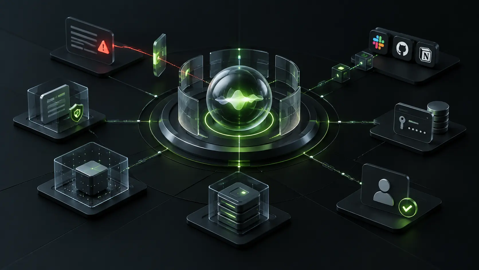 AI agent security architecture showing guarded tools, permissions, sandboxing, memory and human approval around an agent core