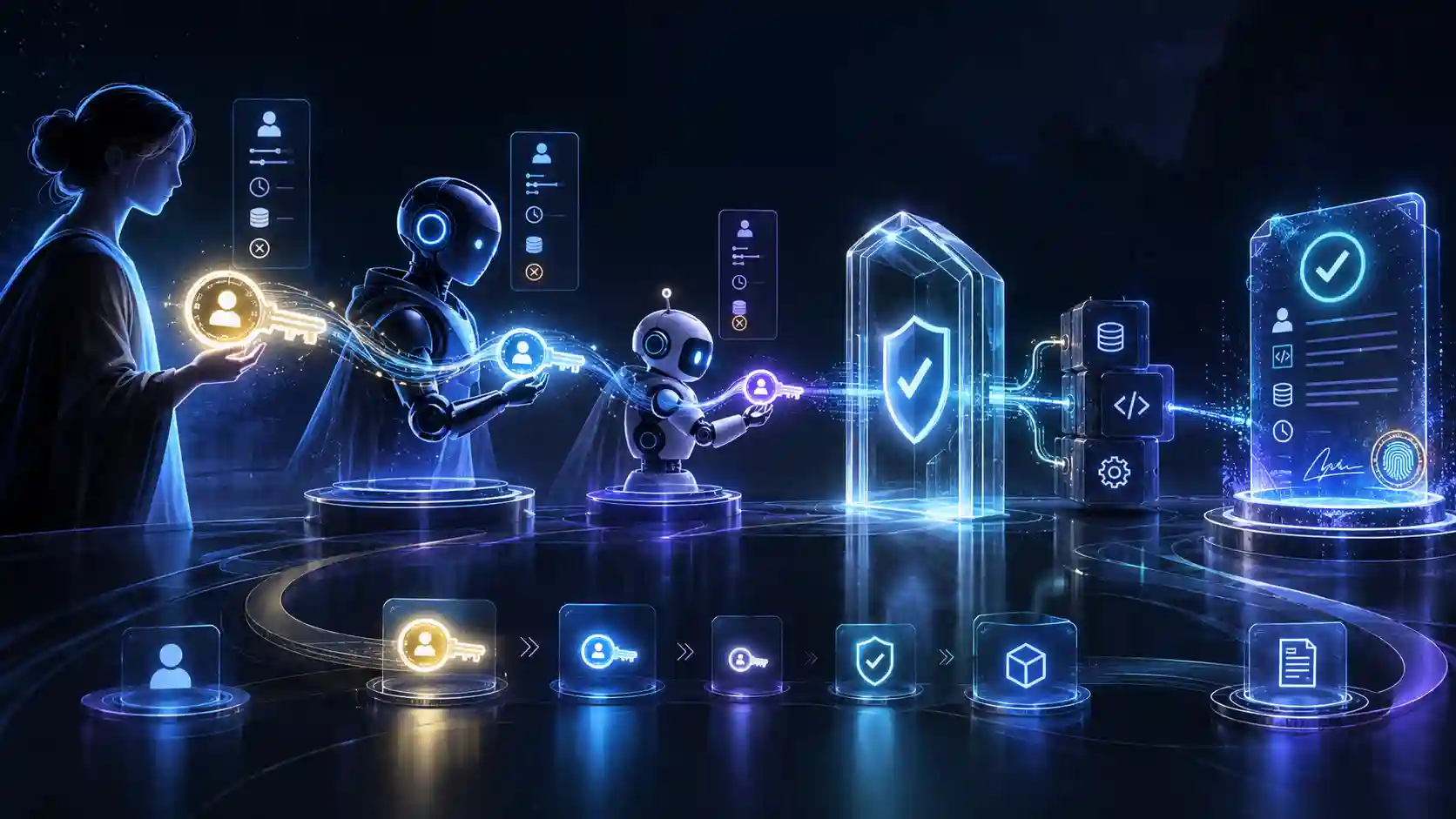 Human principal delegating narrowing authority through an AI agent and sub-agent to a tool, with runtime verification, revocation checks and a signed action receipt
