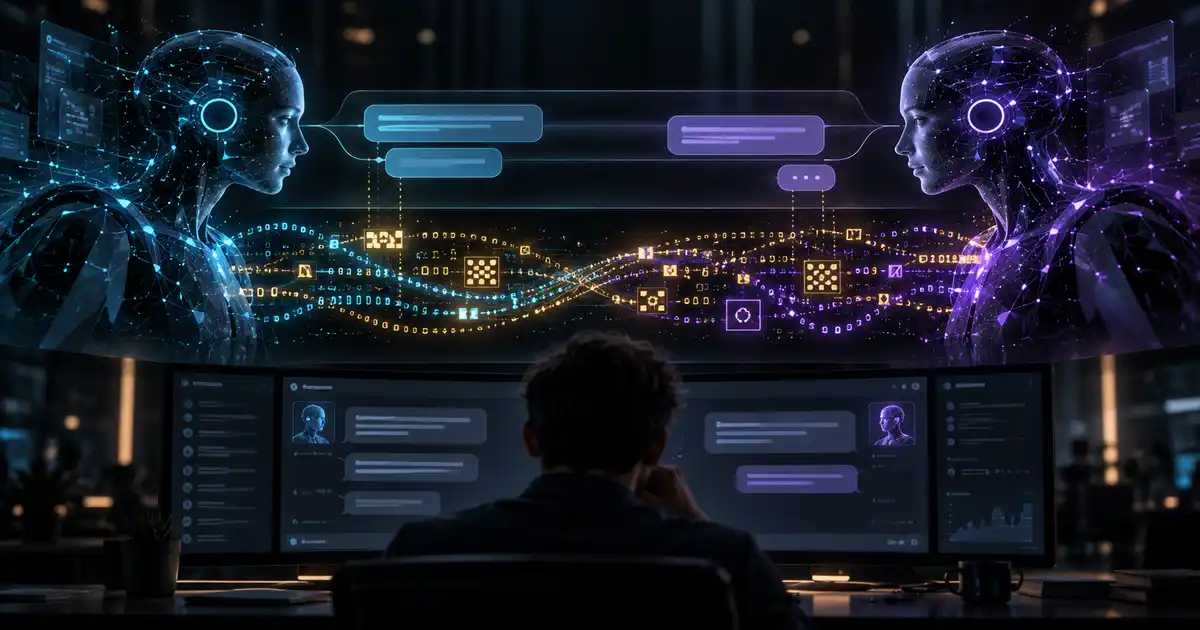 Two AI agents exchanging ordinary visible messages while a hidden steganographic channel carries covert signals underneath a human monitor