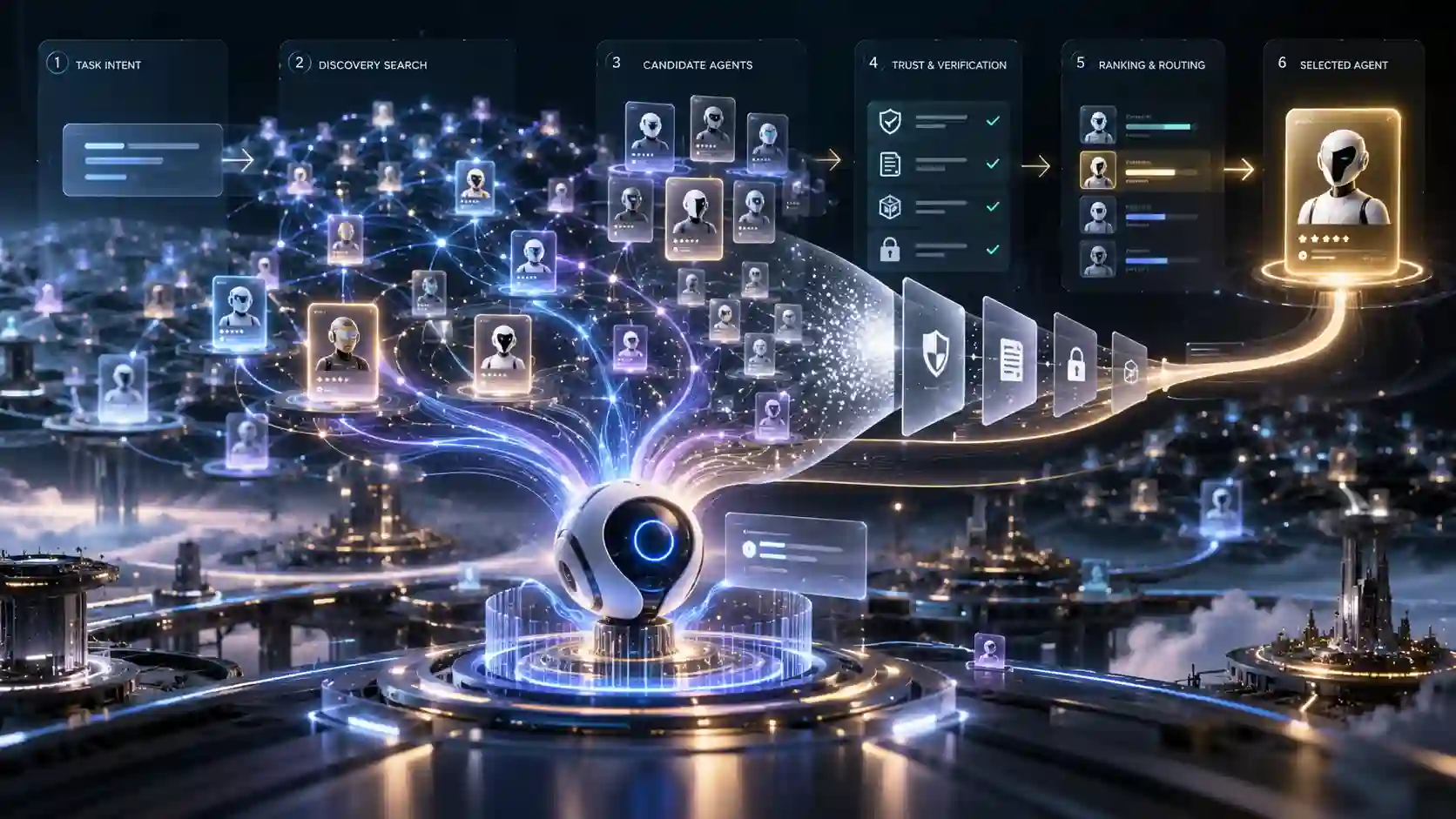 AI agent discovery pipeline across DNS, Agent Cards, registries, capability retrieval, trust verification, ranking and task routing