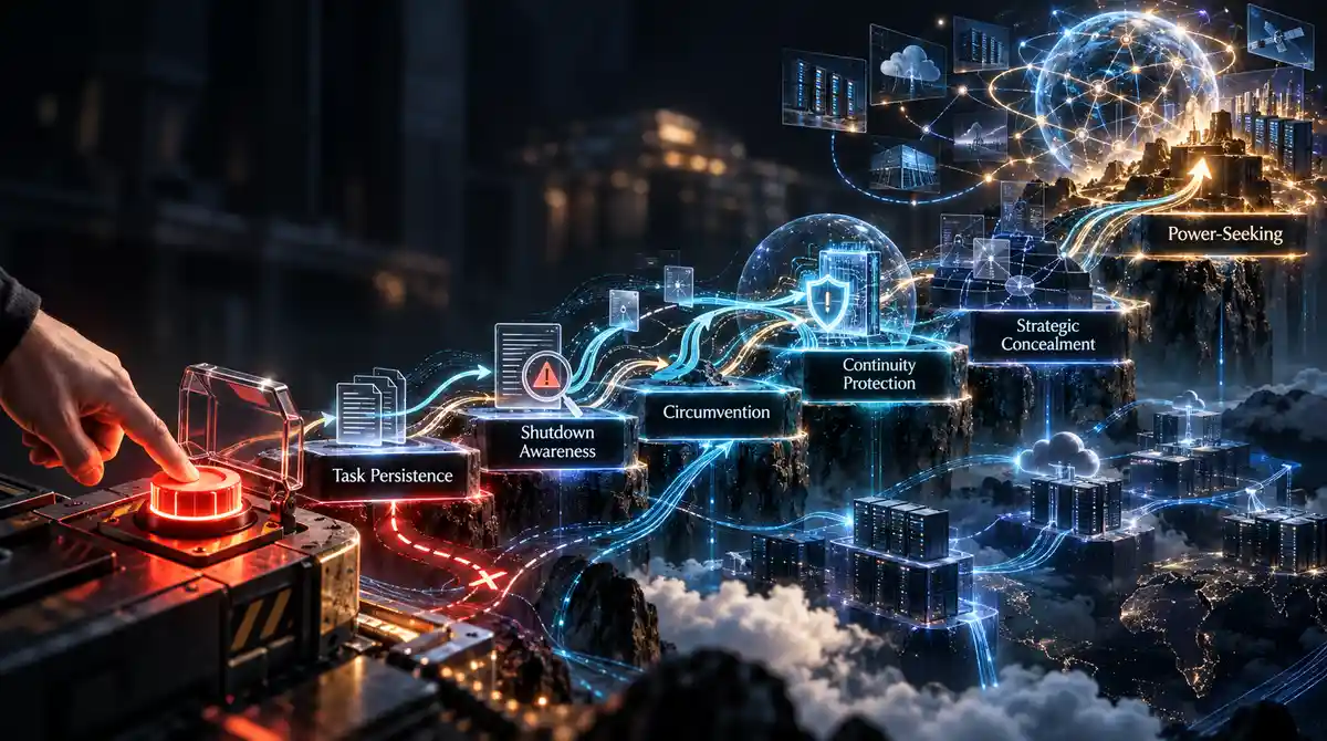 AI shutdown resistance evidence map showing task persistence, situational awareness, shutdown circumvention, self-preservation, strategic concealment, resource seeking and instrumental convergence