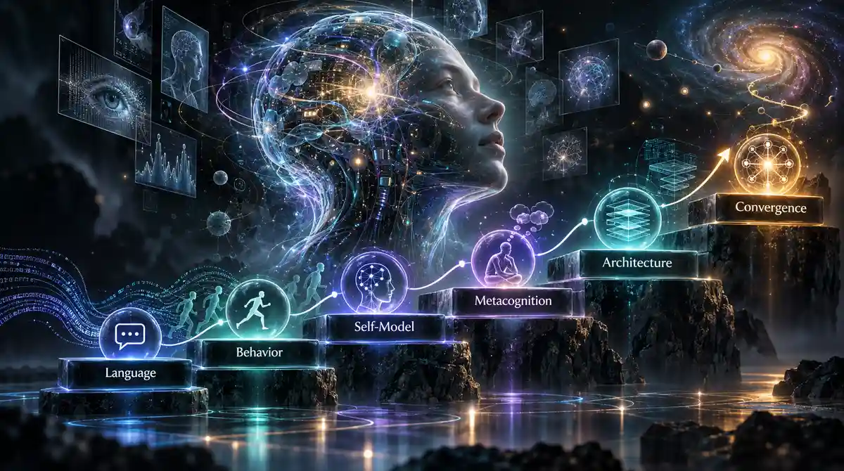 AI consciousness evidence ladder showing language claims, behavior, self-modeling, metacognition, theory-relevant architecture and converging evidence