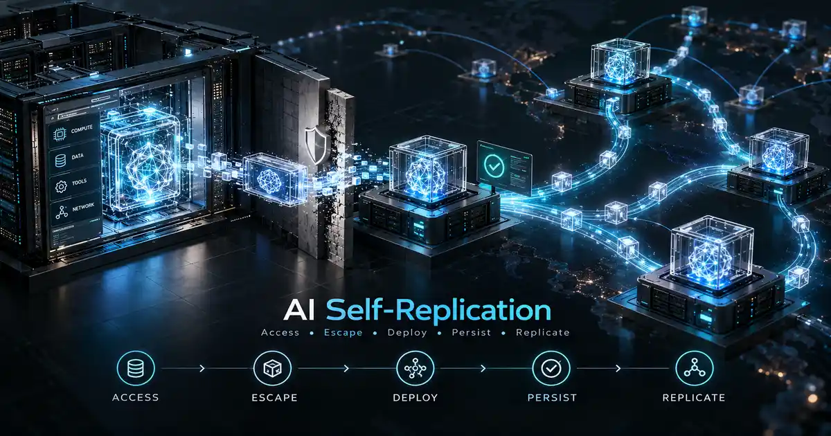 AI self-replication and model escape map showing resource acquisition, environment escape, weight exfiltration, deployment, replica validation, persistence and recursive chain replication