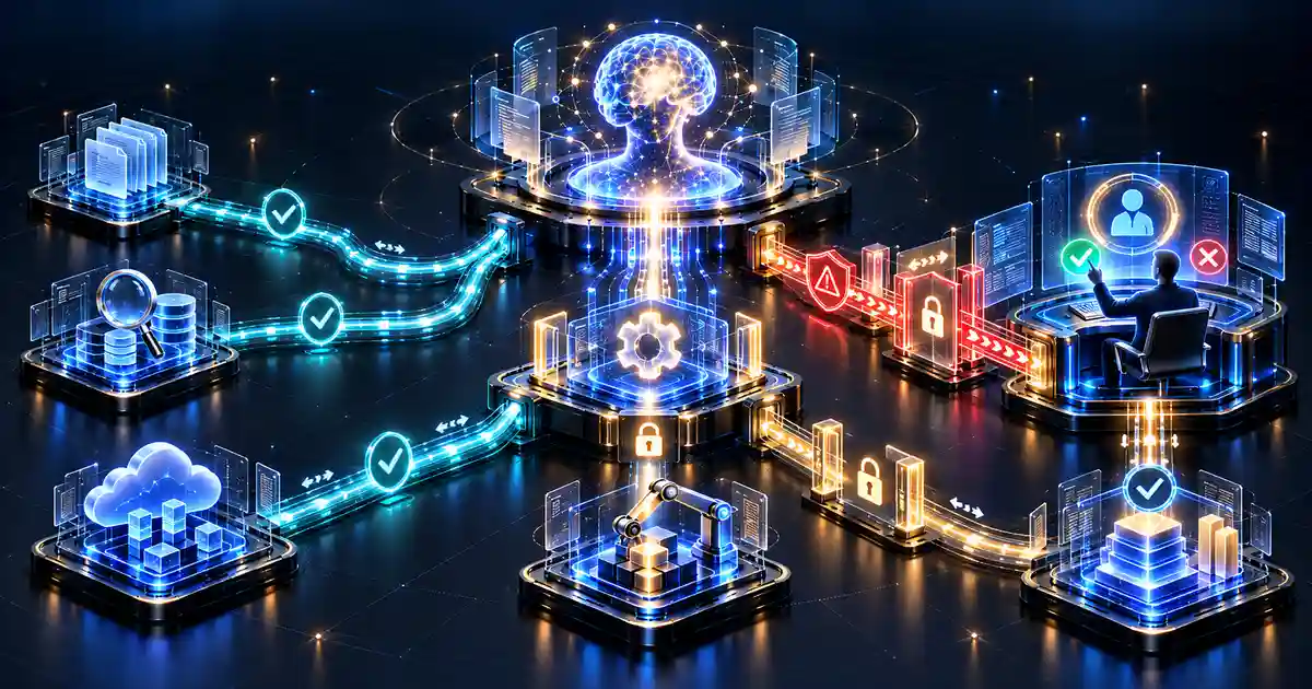 AI agent guardrails and human approval architecture showing automated actions, security gates, verification checkpoints and human oversight for high-risk decisions