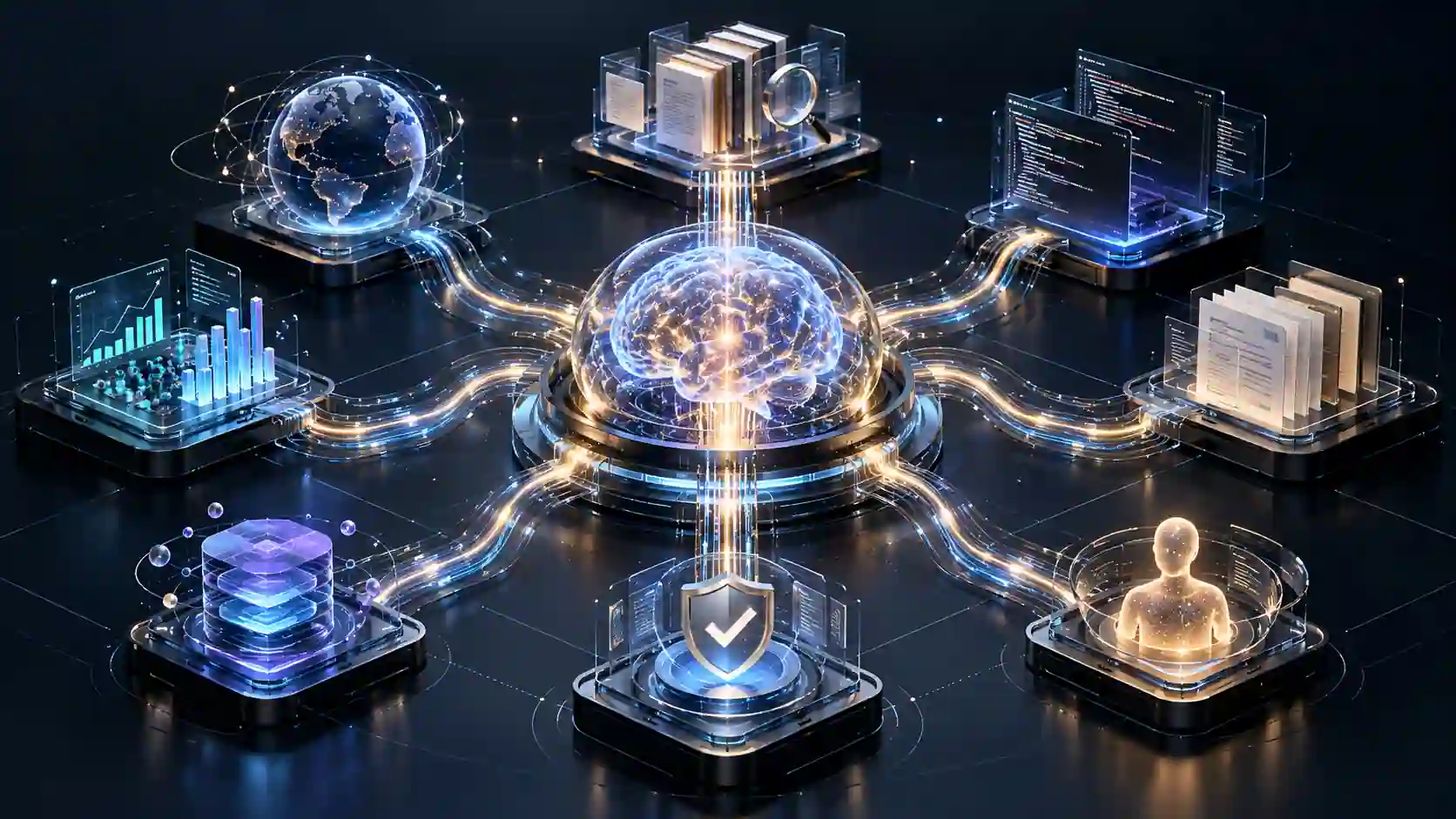 AI super agent architecture with a central orchestrator connected to specialist agents, tools, memory, verification and human oversight