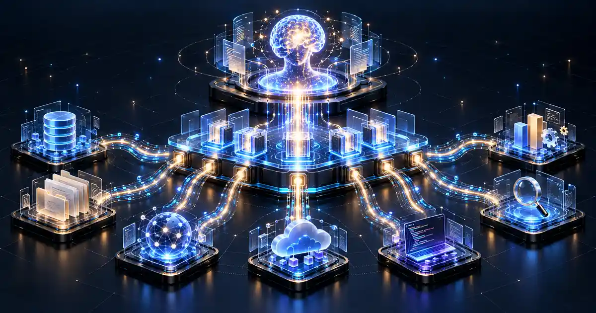 MCP AI agent architecture connecting a central orchestrator through a protocol layer to databases, files, search, cloud services, code and business tools