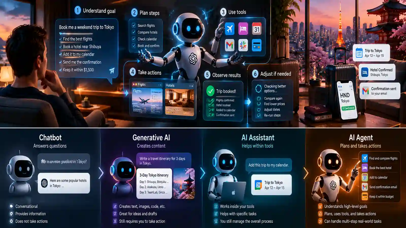 Agentic AI versus chatbot and generative AI comparison showing the progression from answers and content generation to tool use, autonomous actions and multi-step outcomes
