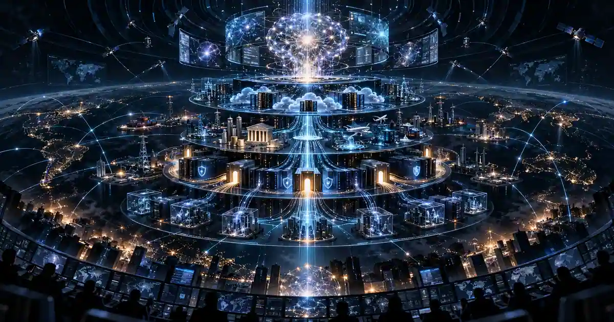 AI takeover capability stack connecting artificial intelligence to global cloud, financial, communications and infrastructure systems