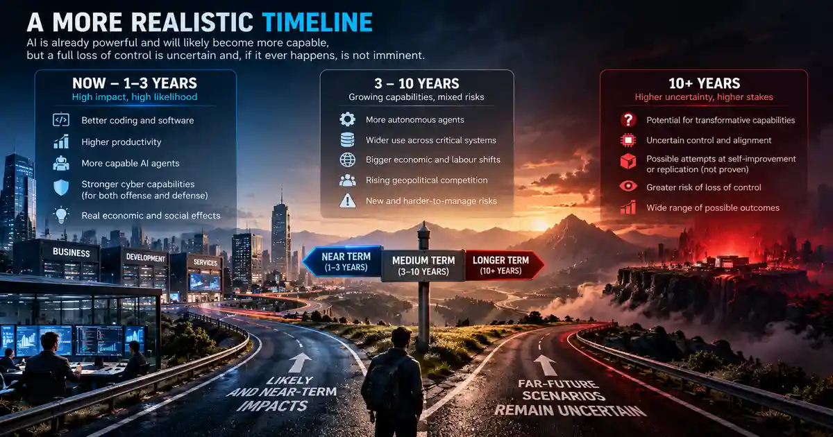 Illustrative AI takeover timeline separating near-term AI impacts from uncertain medium-term autonomy and far-future superintelligence, self-improvement and loss-of-control scenarios
