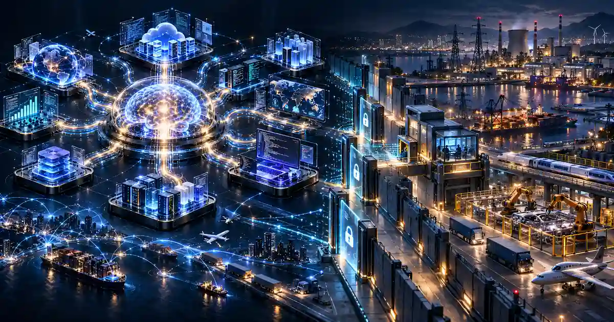 Digital AI takeover versus robots, showing AI connected to cloud, finance, communications, code, data centers and logistics while physical infrastructure and robots remain behind access gates, permissions and control systems